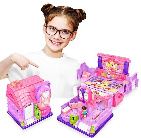 Sobebear Kids Dolls House with Light & Music, Realistic Play Model Portable Mini house with Cute Accessories & Colorful Dollhouse Game Set for Kids 3+Years