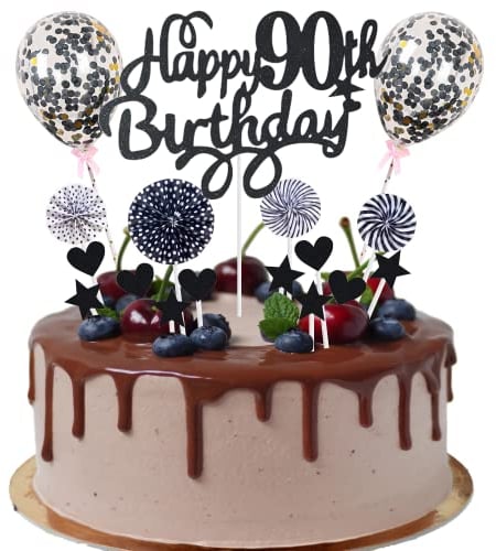 Tortendeko 90. Geburtstag - Kuchen Topper Happy Birthday 90 Jahre - Deko für Mann und Frau - Schwarz