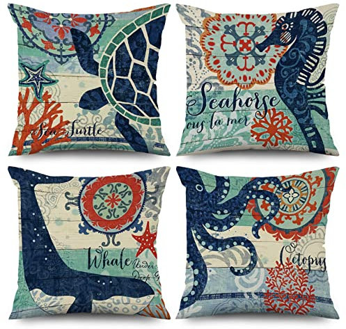 ASDCXZ Maritim Kissenbezug 40x40 cm 4er Set, Retro Maritim Hippocampus Meeresschildkröte Sofa Dekokissen Kissenbezüge Kissenhülle Waschbar Polyester Leinen Textil Polster Kopfkissenbezug Kissen Bezug