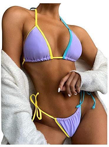 riou Bikinis Femme 2023 Push Up Brésilien Patchwork Maillot de bain Rembourré Soutien-gorge Hauts et Culotte Réglable Maillot de Bain Grande Taille Swimsuit Piscine Vacances, violet, S
