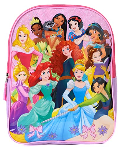 Disney 38,1 cm Rucksack für Mädchen, Prinzessin Belle Ariel Jasmin Tiana Mulan Rapunzel, Rosa, Pink, 15, Rucksack mit flacher Vorderseite