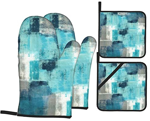 MIFSOIAVV Modern Art Ofenhandschuhe und Topflappen, 4 Stück, Türkis, hitzebeständig, blaugrün, Topflappen, Ofenhandschuhe, Set für Küche, Backen, Grillen, BBQ