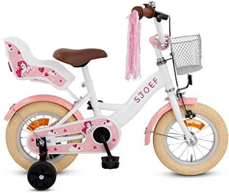SJOEF Dolly Kinderfahrrad 12 Zoll | Ab 2-4 Jahre | Kinder Fahrrad für Mädchen/Jugend | Kleidergröße von 90 bis 105 cm | inklusive Stützräder - Weiß