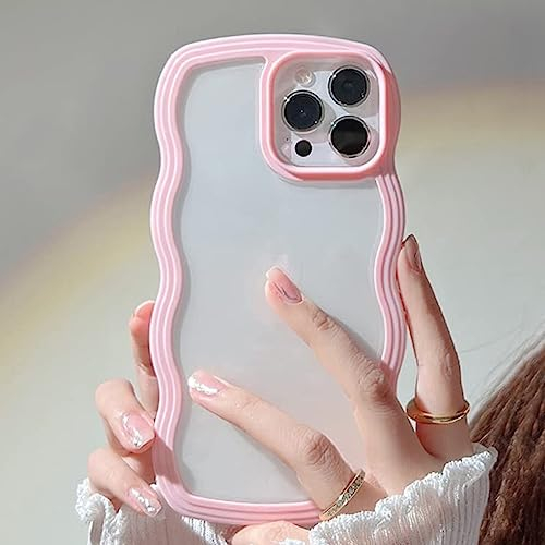 UEEBAI Case for iPhone 13 Pro Max 6.7 inch Case, Cute Wave Frame Slim Fit Shockproof Phone Bumper Cover Translucent Soft Pretty Anti-Scratch TPU Case - Pink
