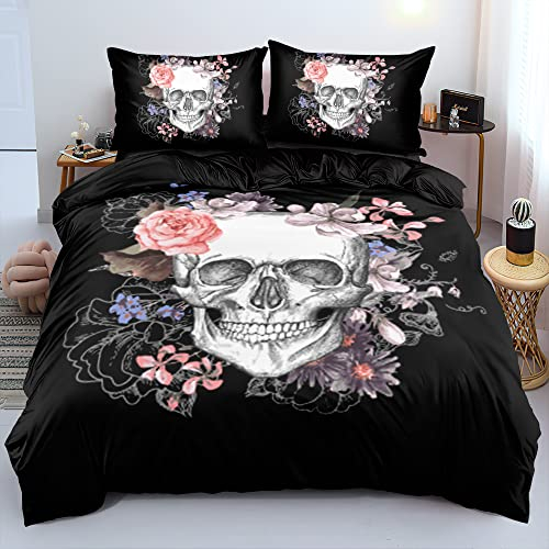 Luowei Bettwäsche 135x200 Totenkopf Schädel Motiv Blumenmuster Mikrofaser Schwarz Bettbezug mit Reißverschluss 80x80 Kissenbezug