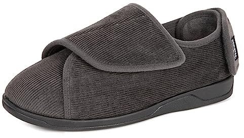 HomeTop Men's Corduroy Slippers Comfy Adjustable Hook and Loop Memory Foam Wide Indoor House Shoes for Diabetic Swollen Feet Dark Grey, 10 UK