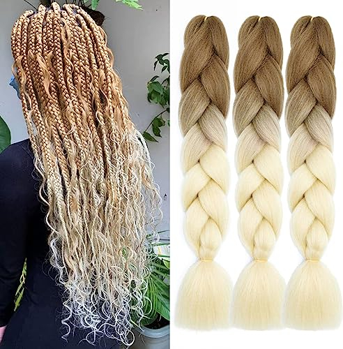 PORSMEER 3 Stücke Jumbo Braid Kunsthaar zum Einflechten 24 Zoll 100g Kanekalon Haar Flechten Extensions Für Crochet Twist Flechten Haar Ombre Farbe,Braun bis Blond