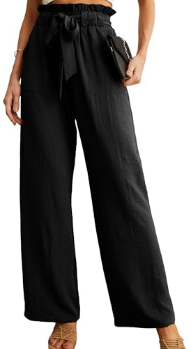 IWOLLENCE Women's Wide Leg Pants with Pockets High Waist Adjustable Knot Loose Casual Trousers Business Work Casual Pants Black Medium