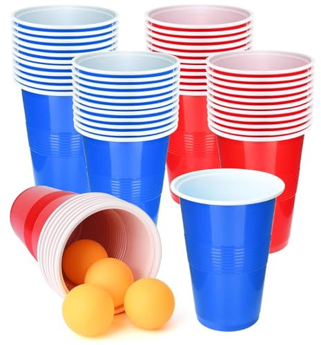 SUNYIWJIE Beer Pong Set 22pcs 16oz Plastic Party Cups with 4 Ping Pong Balls for Party Games(Red-Blue)