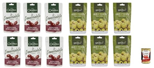 Italian Gourmet 6x Italian Gourmet Testpaket olive nere e verdi, Oliven Mix | Dunkle und helle Auswahl, snack pronto per aperitivo, Antipasti und Küche, Gesamtnettogewicht 840 g + Kostenlos Polpa 400g