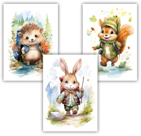 Samunshi® 3x Poster Kunstdruck Abenteurer Tiere Set Hase Igel Eichhörnchen Bilder Jugendzimmer Kinderzimmer Kinder Junge Mädchen DIN A4 21x29,7cm