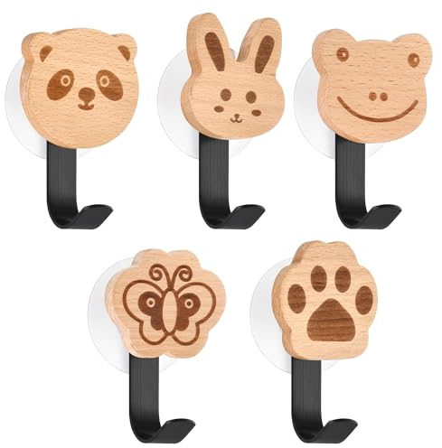 GROOHAFY Holz Kleiderhaken Kinder Selbstklebender Wandhaken in Tiere-Form Kindergarderobe Haken Garderobenhaken Kleiderhaken Wand Wandaufhänger Türhaken Möbelknöpfe Holzgriffe (Waldtiere)
