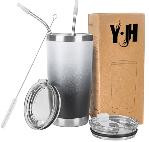 Y·J&H 20oz (550ml) Doppelwandig Vakuum Isolierter Autobecher, Edelstahl Reiseflasche, Thermobecher Kaffee to Go mit 2 Spritzfestem Deckel 2 Strohhalm, Rohrbürste,BPA Free - Weiß&Schwarz