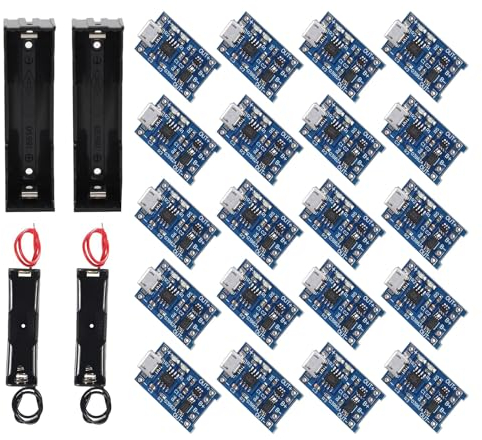 HUAZIZ 20 Pezzi Micro USB 5V 1A Regolatore di Carica al Litio Li - Ion Modulo Battery Charger al Litio+4 Pezzi 18650 Battery Clip Holder Case