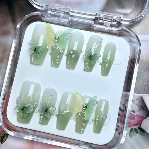 Light Luxury Handmade Nails Butterfly Green Coffin Press on Nails Tips Nail Art Decoration for Women and Girls Manicure 10PCS (L)