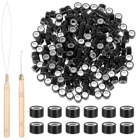 Lot de 200 perles pour extensions de cheveux 4 mm - Doublées en silicone - Avec aiguille à crochet - Kit d'outils pour extensions de cheveux (noir)