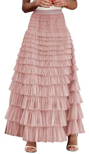 OBEEII Gonna a strati in tulle da donna a vita alta, linea a rete, lunga per il tempo libero, le vacanze, il ballo, Fagiolo Rosa, XL
