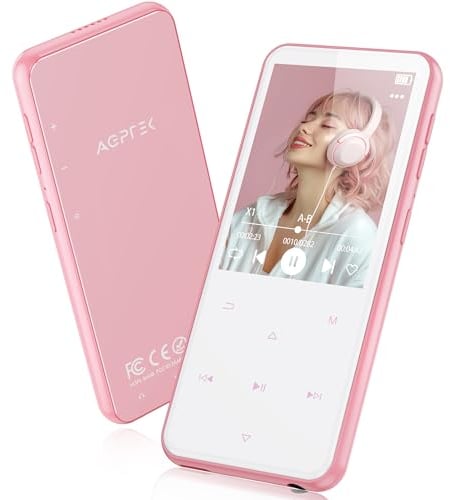 AGPTEK 64Go MP3 Bluetooth avec Haut-Parleur, 2.4 Grand Écran Lecteur MP3 en Métal Qualité Sonore HiFi Audio MP4 Baladeur Sport de Bouton Tactile Radio FM Podomètre Enregistreur 60H de Musique-Rose