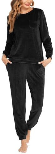 Ekouaer Pigiama da Donna Lungo Girocollo in Velluto per Il Tempo Libero Pigiama Invernale Set Caldo Casual da Casa con Tasche e Coulisse Nero XL