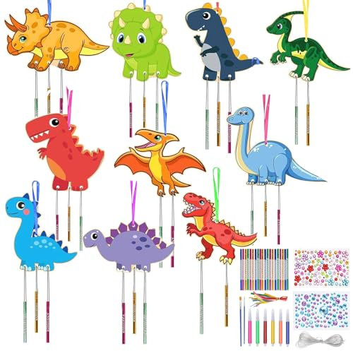 UZSUZZ Dinosaurier Windspiel Bastelset Kinder 10 Stück Dinosaurier Holz Bastelset 3D Dinosaurier Basteln zum Bemalen Klangspiel Bemalen Handwerk Dino Spielzeug Geburtstag für Jungen Mädchen Geschenke