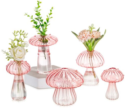 Glasseam Pilz Kleine Vasen für Deko: Cute Glas Vase Geschenk für Mama Freunde Pflanze Liebhaber - Mini Rosa Blumenvase Klein Propagation Station für Home Wohnzimmer Esstisch Fensterbank