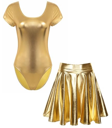 Damen Metallic Body Ballett Tanz Gymnastik Turn Anzug Trikot | Kurzarm Rundhals, mit Glänzend Skater Glocken Swing Eiskunstlauf Rock