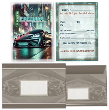 Limonia 12x Einladungskarten mit Umschläge zum Kindergeburtstag Auto Rennauto - Geburtstagseinladung Coole Autos & Rennwagen Motive, Einladung für Autofans - Urban Speedster