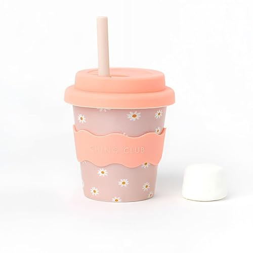 Chino Club UK Baby Chino Cup for Toddlers – Pink Daisy Design with Silicone Lid & Wave Grip Band, Eco-Friendly, Drop-Proof, 4oz – Ideal First Cup for Babycinos, Smoothies, Milk, and More Babyccino