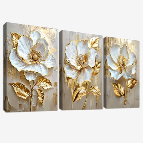 3 Pcs Fiori di Peonia Bianca di Lusso Stampa su tela Con Cornice Grigio Foglie d'oro Floreale Pittura Quadri su tela Quadri Moderni Camera da Letto Soggiorno Decorazioni Murale 90x40cm(12x16x3pcs)