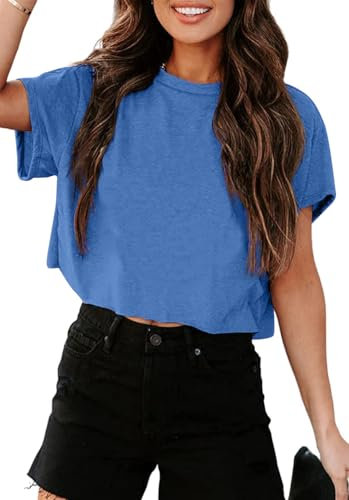 Tankaneo Crop Tops Damen Oversize Sport Oberteile Cropped Shirts Rundhals Loose Bauchfrei Sommertop Kurz T-Shirts.Dunkelblau.S