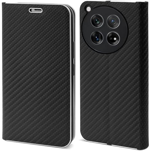 Moozy Funda para OnePlus 12 con Tapa, Fibra de Carbono - Carcasa Cartera Wallet Flip Magnético con Bordes Metalizados de Protección, Case Móvil Bumper con Tarjetero, Negro