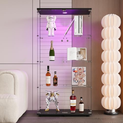 MOTUZP Vitrine aus Glas, 4 Schichten mit LED, Glasvitrine mit Schloss, Vitrine mit Glas, Sammlervitrine für das Wohnzimmer (Doppeltür + vier Etagen + Schwarz + Licht)