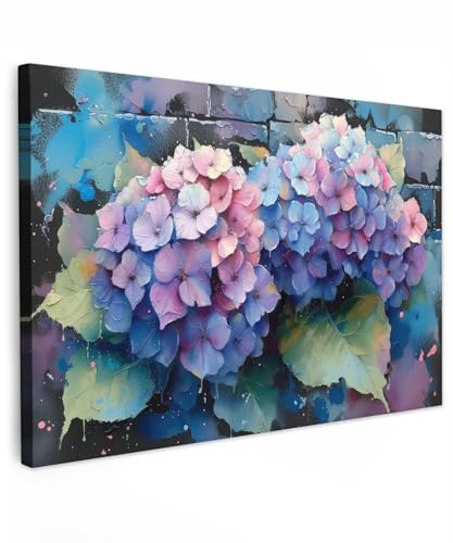 MuchoWow© Wandbilder Schlafzimmer Home Deko Wohnung Bild Wohnzimmer | 90x60 cm - Fotoleinwand Wand Bilder Leinwand Wall Decor Hortensie - Graffiti - Blumen - Lila