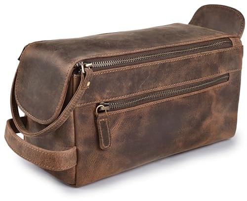 Leather & latch Trousse de toilette unisexe en cuir vintage de qualité supérieure, trousse de voyage, organisateur de maquillage et de rasage pour homme et femme (marron noyer)