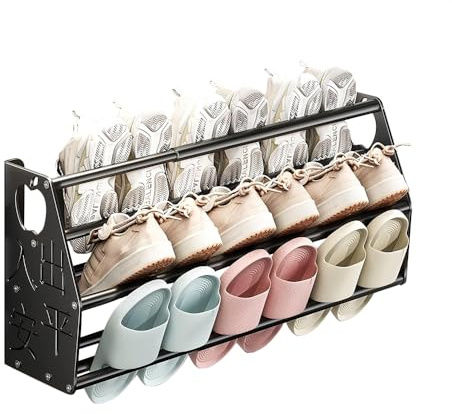 NUODWELL Verstellbares Schuhregal zur Wandmontage, ohne Bohren, Hausschuhregal, Metall-Wandtür-Schuhregal, Schuhaufbewahrungsregal für Wandeingang, Badezimmer (Schwarz)