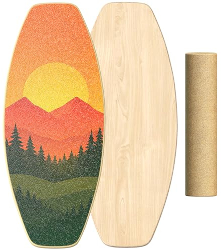 Healfith Balance Board Erwachsene,Gleichgewichtstraining - Balance Board Holz,Oberflächenbehandlung gegen Rutschen inklusive Rolle,inkl. Rolle, Halbkugel und Balance Ball (Sunset)
