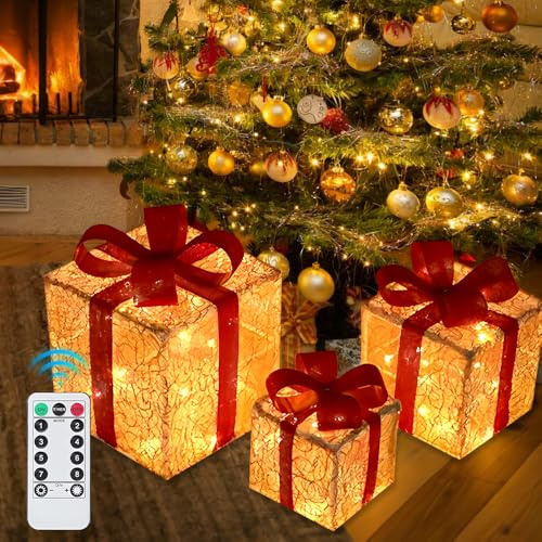 Mineup 3PCS LED Geschenkboxen, Weihnachtsdeko Mit Timer, 8 Modi Weihnachts Dekoboxen, Beleuchte Weihnachtenbox, Weihnachts Dekoration Für Weihnachten Advent Winter Christbaum Deko Unter Weihnachtsbaum