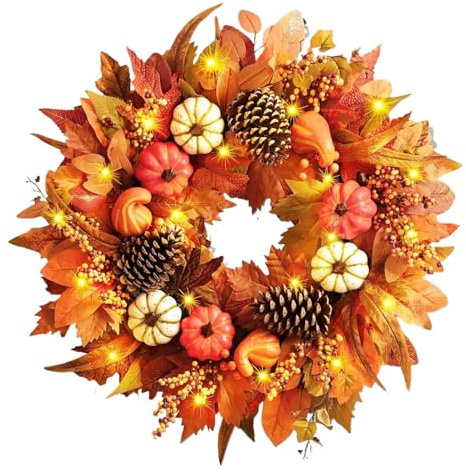 Herbstkranz Für Haustür, 50 cm Künstliche Ahornblätter Herbst Türkranz Mit Kürbissen, Beeren Und Blättern, Herbstgirlande Herbstdeko Für Thanksgiving, Innenwand, Halloween, Weihnachten