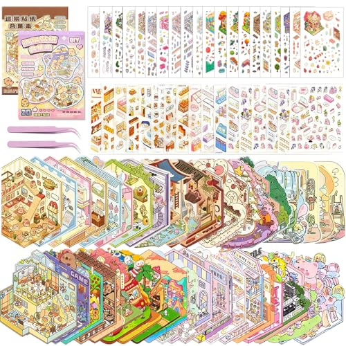 wutdgeg 40 Sets 3D-Stickerbücher | Stickerbücher für Erwachsene | miniature scene sticker book | Enthält 56 PET-Sticker und 2 Pinzetten | Geeignet für Erwachsene, Mädchen, Jungen (2)