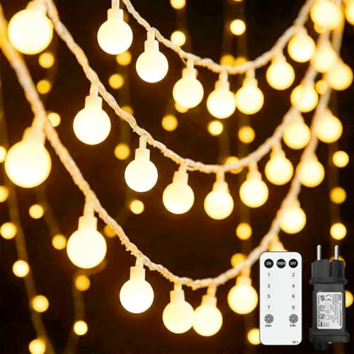 Kimuwote Lichterkette Außen Innen, 15M 100LED Kugel Lichterkette, Outdoor Strom Lichterketten mit 8 Modi IP44 Wasserdicht, ideal für Weihnachten, Hochzeit,Party,Garten,Terassen,Balkon Deko,Warmweiß