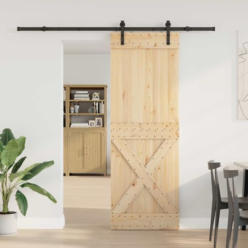 Runheo NARVIK - Porta scorrevole in legno di pino massiccio, 80 x 210 cm, con binario in acciaio verniciato a polvere, 213,5 cm, salvaspazio, per interni e divisori