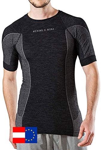 Merino & More Merino Shirt Herren - Premium Funktionsunterwäsche aus hochwertiger Merinowolle - Sport - Funktionsshirt - Kurzarm schwarz-grau Gr. L