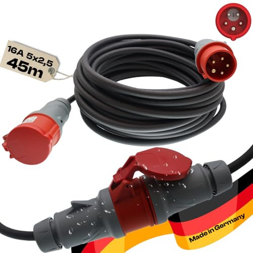 CEE Starkstromkabel Starkstromverlängerung Verlängerungskabel Starkstrom Gummiverlängerung H07RN-F 5X2,5mm² Phasenwender 5P 16A 400V Kraftstromkabel Außenbereich 45m