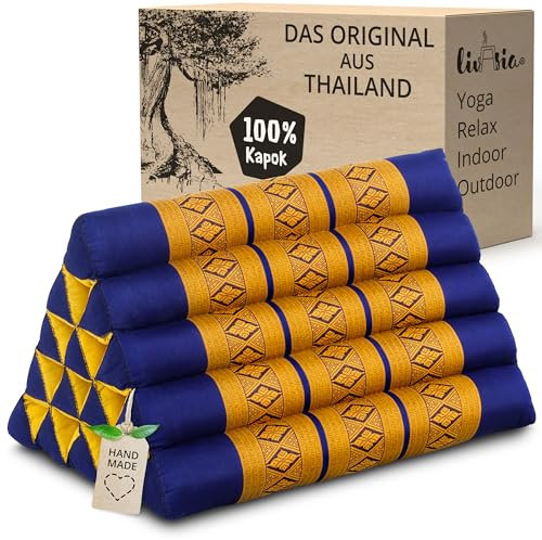 livasia Rückenstützkissen extrahoch - 38x55x35cm - Dreieckskissen für Garten und Balkon, Keilkissen mit Kapok, Lagerungskissen für Beine, handgefertigt, Meditationskissen (Blau/Gelb)