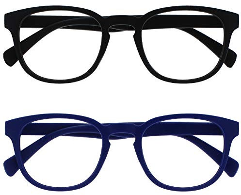 OPULIZE Pop Lesebrille 2er Pack Keck Rund Matt Rahmen Federscharniere Kratzfest Schwarz Blau Herren Damen RR2-13 +1.50