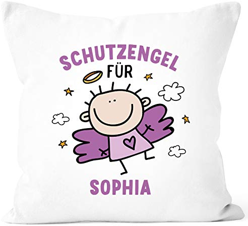 SpecialMe® Kissen-Bezug Schutzengel mit Namen Engel Glücksbringer Glückskissen personalisierte Geschenke Dekokissen weiß-lila Unisize