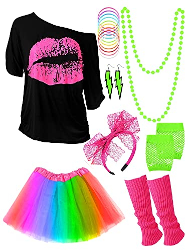 Blulu 80 Jahre Kostüm Zubehör Set, T-Shirt Tutu Stirnband Ohrring Halskette Beinlinge(L,Regenbogen)