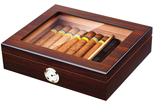 CHSHY Desktop-Humidor Mit Glas Oberstes Handgemachtes Zedernholz Humidor, Kirsche Beschichtung Mit Hygrometer Und Luftbefeuchter Halten 25 Zigarren, 10.2X8.7X2.7Inch Lxbxh