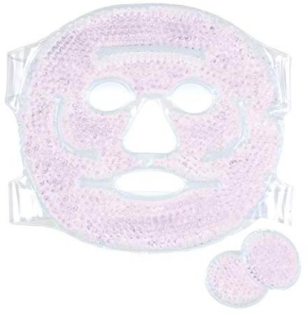 ISKANDI Cooling Face Mask & Eye Pads – Reusable Hot/Cold Gel Bead Pack for Puffy Eyes, Migraine, Sinus & Headache Relief – Adjustable Velcro Strap, Soothing Ice/Heat Therapy – Pink