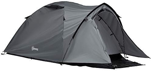 Outsunny Tenda da Campeggio 2 Posti Impermeabile con Vestibolo, Finestre e Porte con Cerniera, 325x183x130cm Grigio